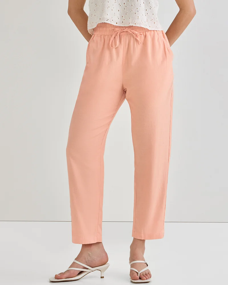 بيواكوف Women's Vermillion Orange Cotton Linen Pants